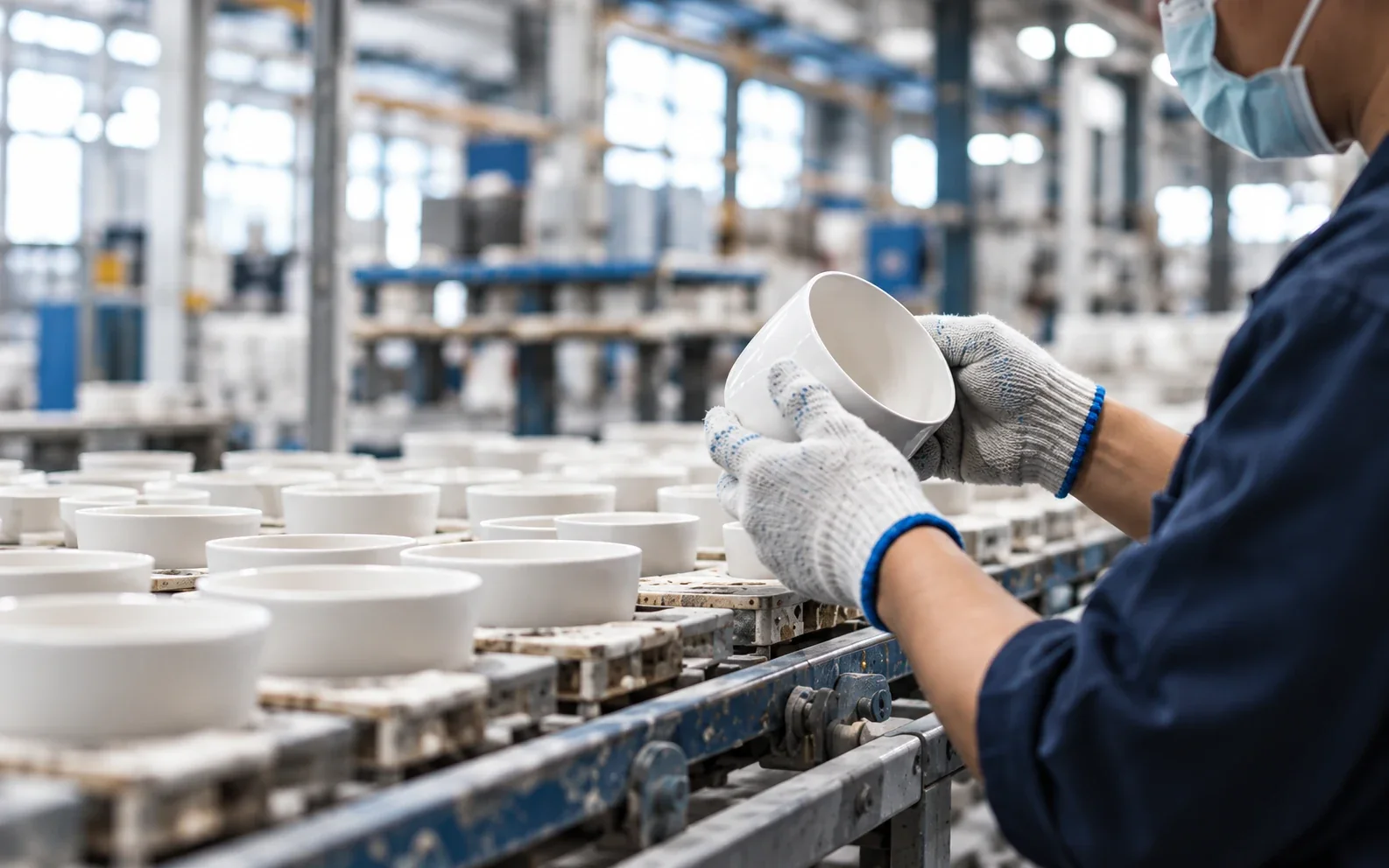 Illustration of a worker inspecting a white ceramic cup in a factory