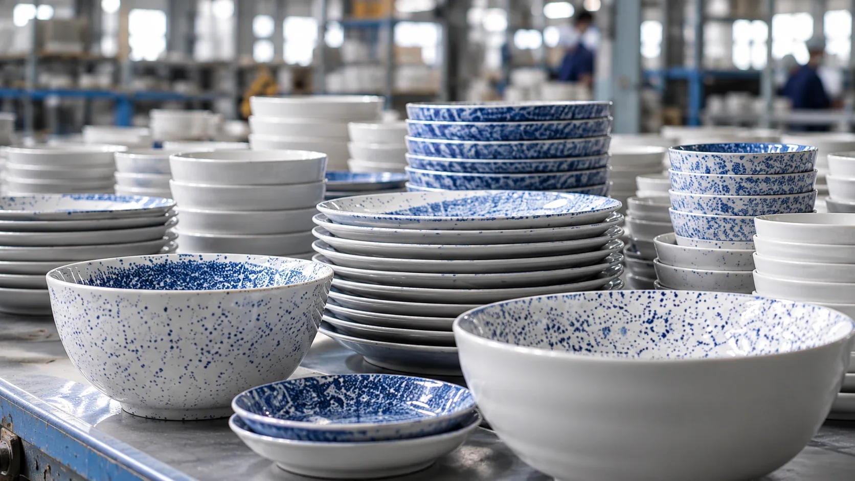 Illustrative white and blue ceramic dishes and cups on a factory worktable