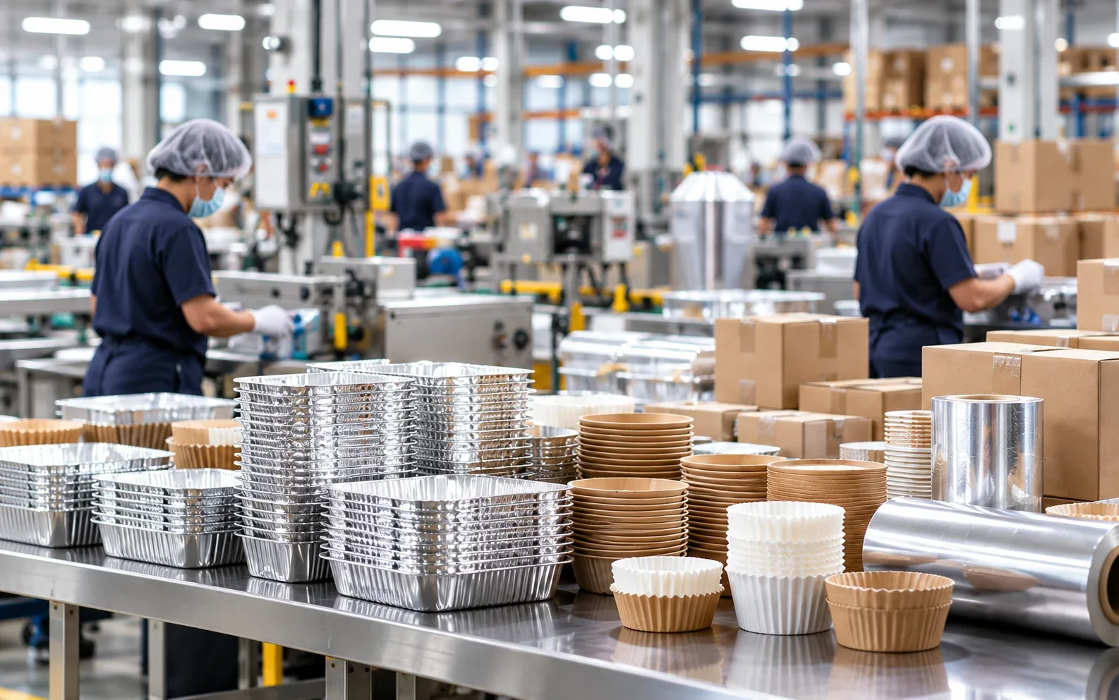 Illustrative food packaging factory with foil trays, baking cups and paper containers